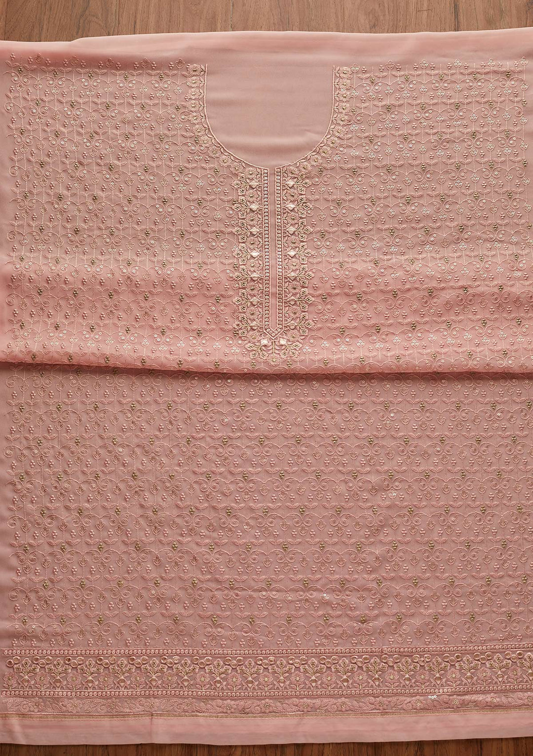 Peach Threadwork Georgette Designer Unstitched Salwar Suit - Koskii