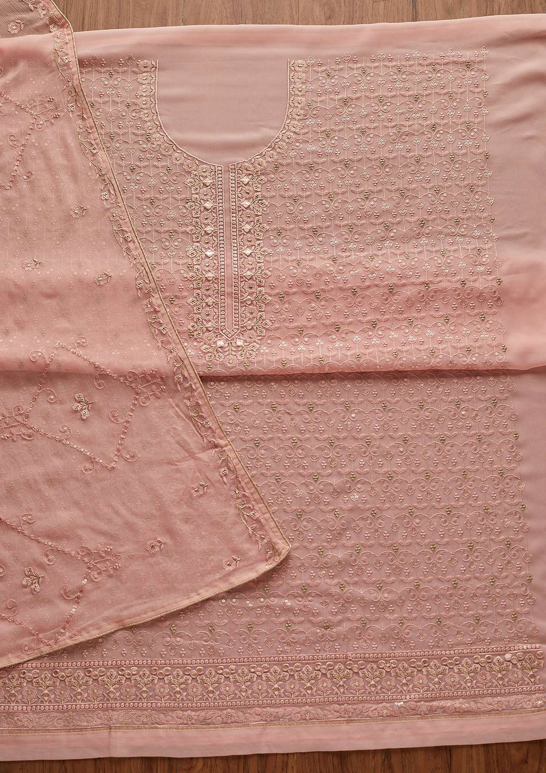 Peach Threadwork Georgette Designer Unstitched Salwar Suit - Koskii