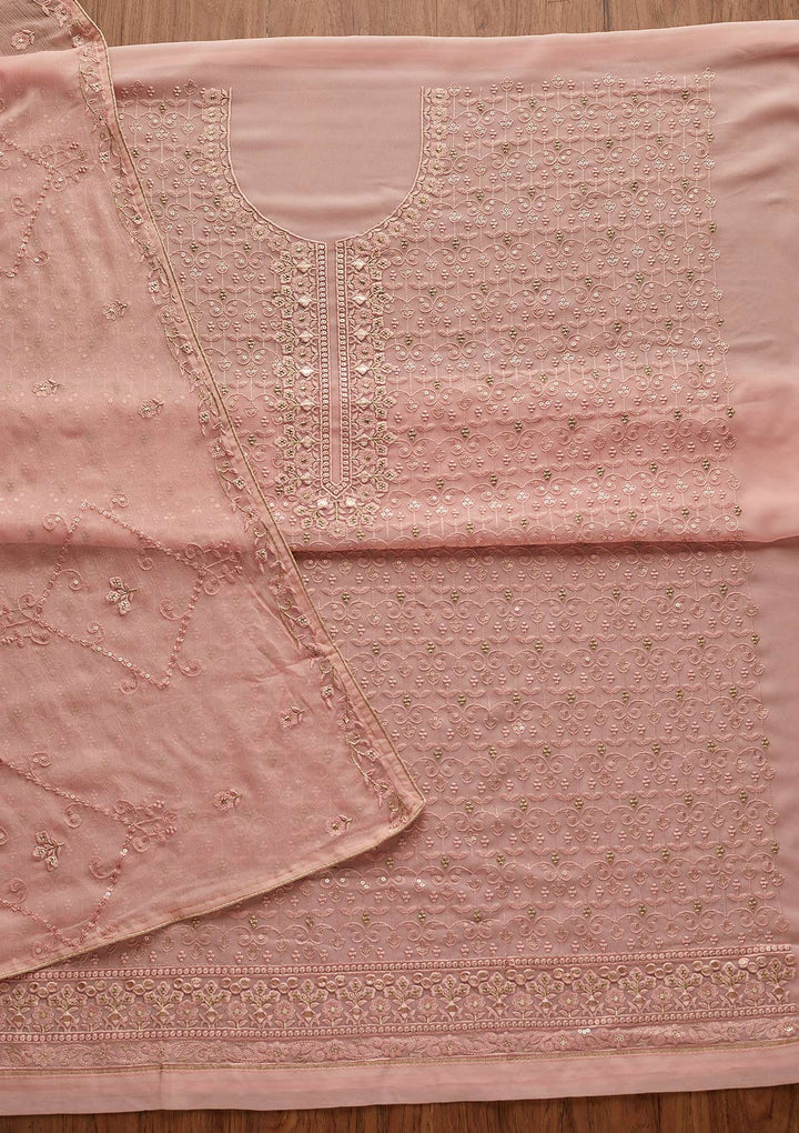 Peach Threadwork Georgette Designer Unstitched Salwar Suit - Koskii