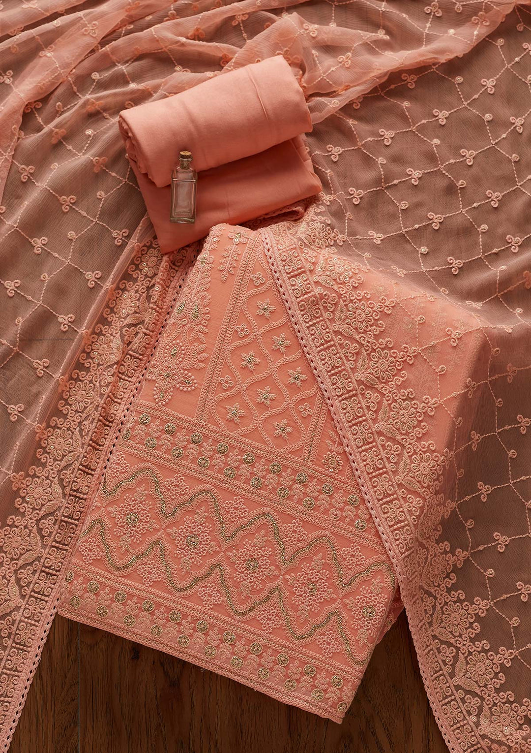 Peach Threadwork Georgette Designer Unstitched Salwar Suit - Koskii