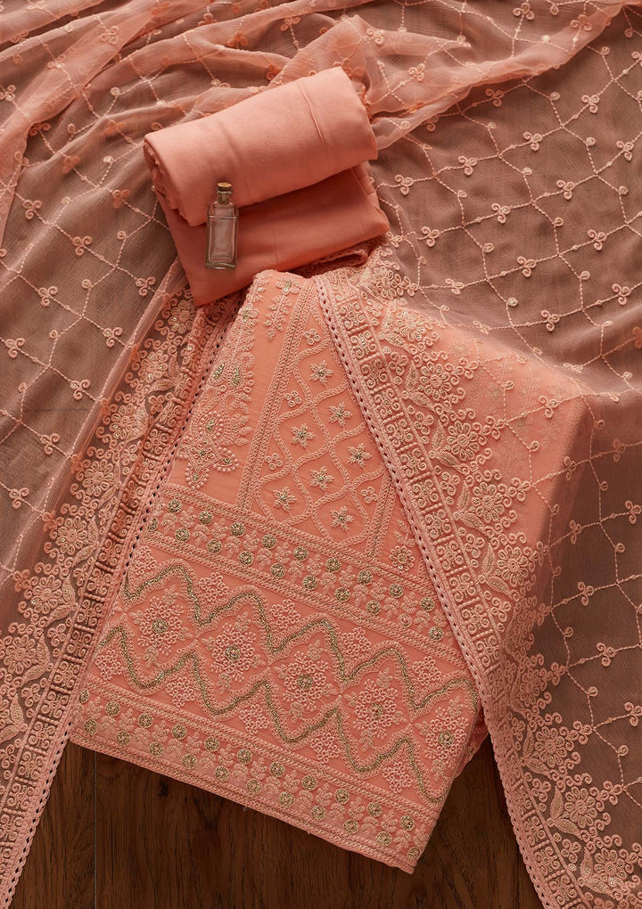Peach Threadwork Georgette Designer Unstitched Salwar Suit - Koskii