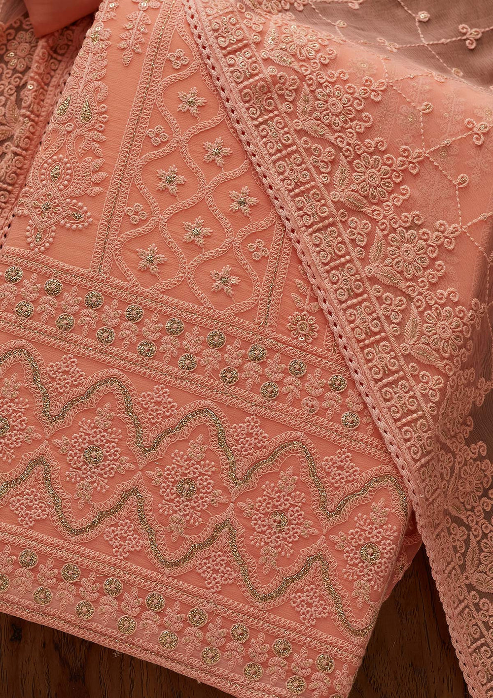 Peach Threadwork Georgette Designer Unstitched Salwar Suit - Koskii