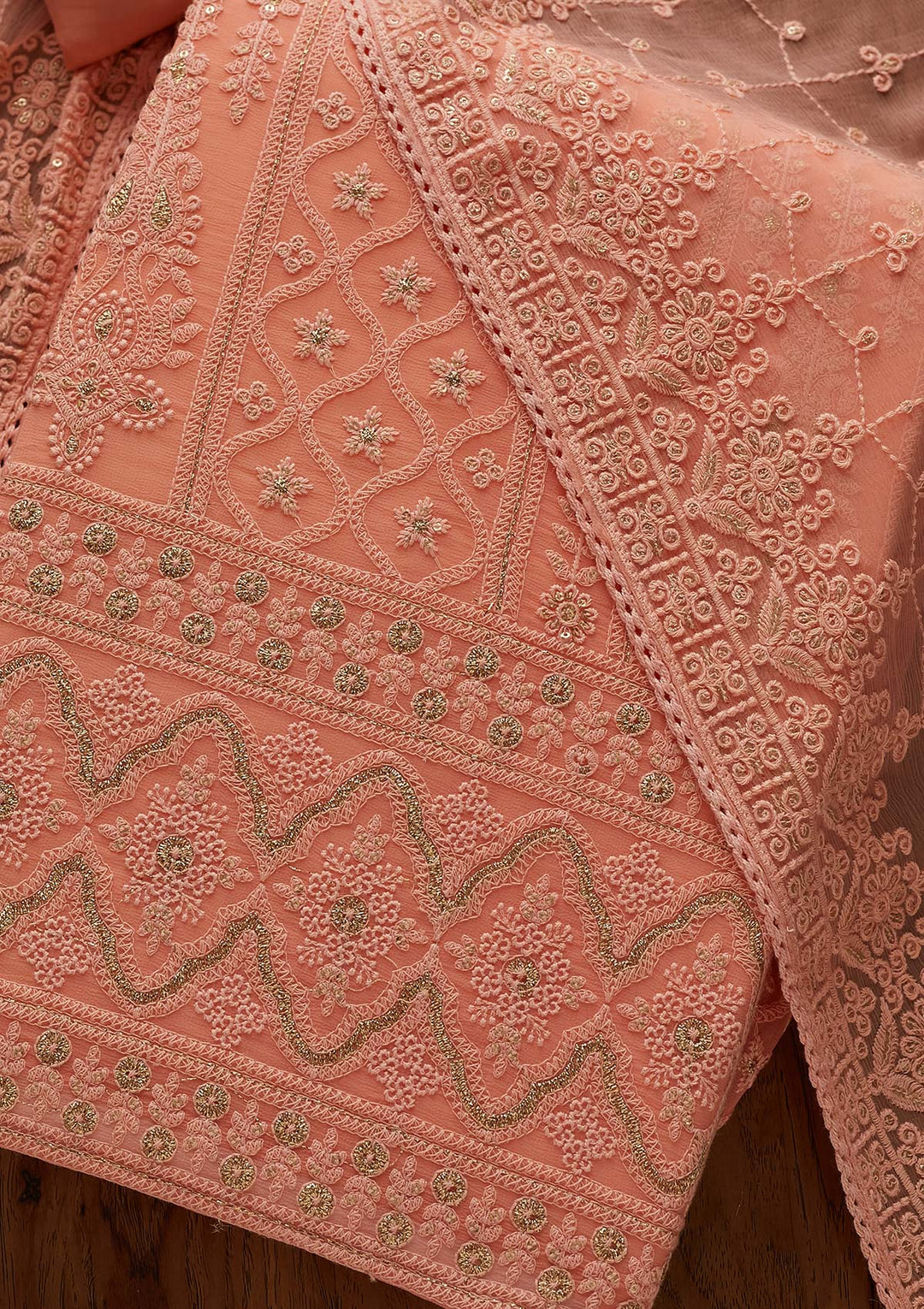 Peach Threadwork Georgette Designer Unstitched Salwar Suit - Koskii