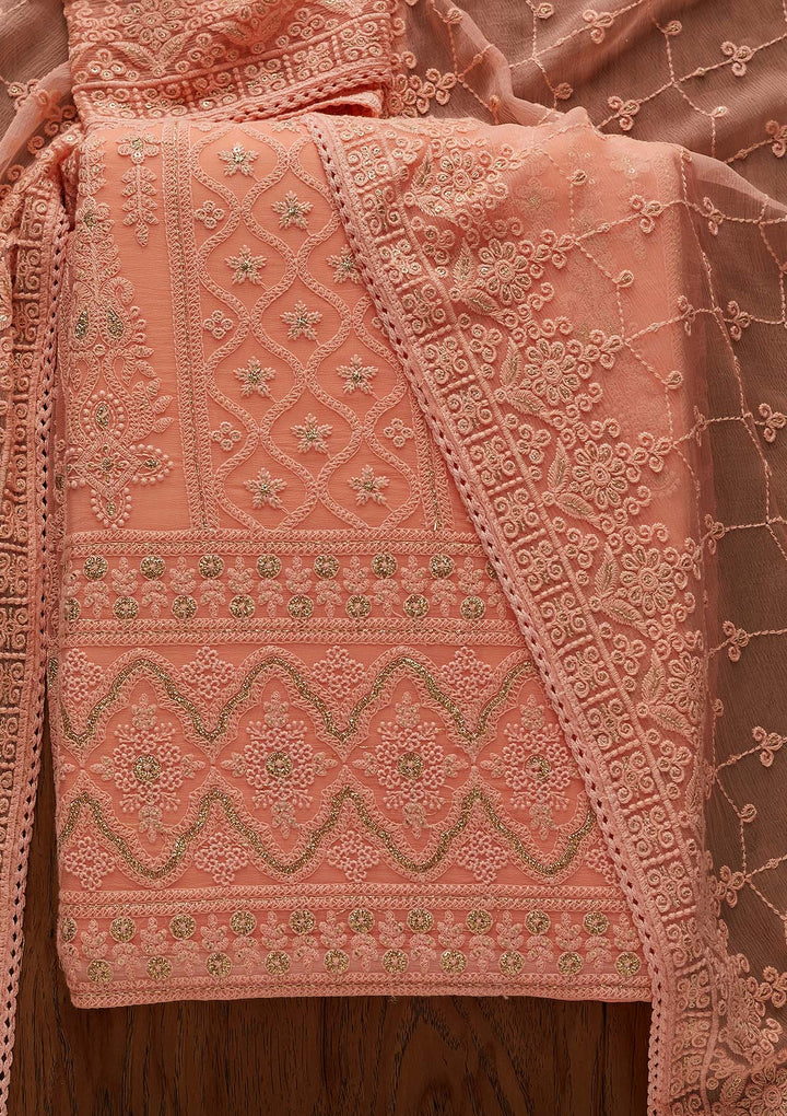 Peach Threadwork Georgette Designer Unstitched Salwar Suit - Koskii
