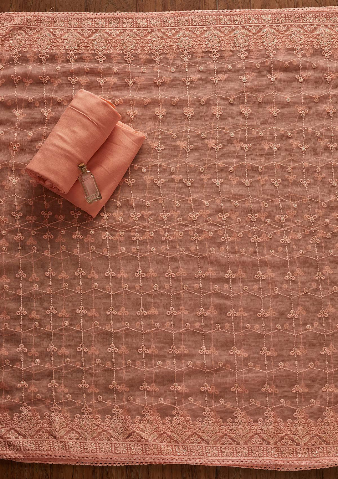 Peach Threadwork Georgette Designer Unstitched Salwar Suit - Koskii