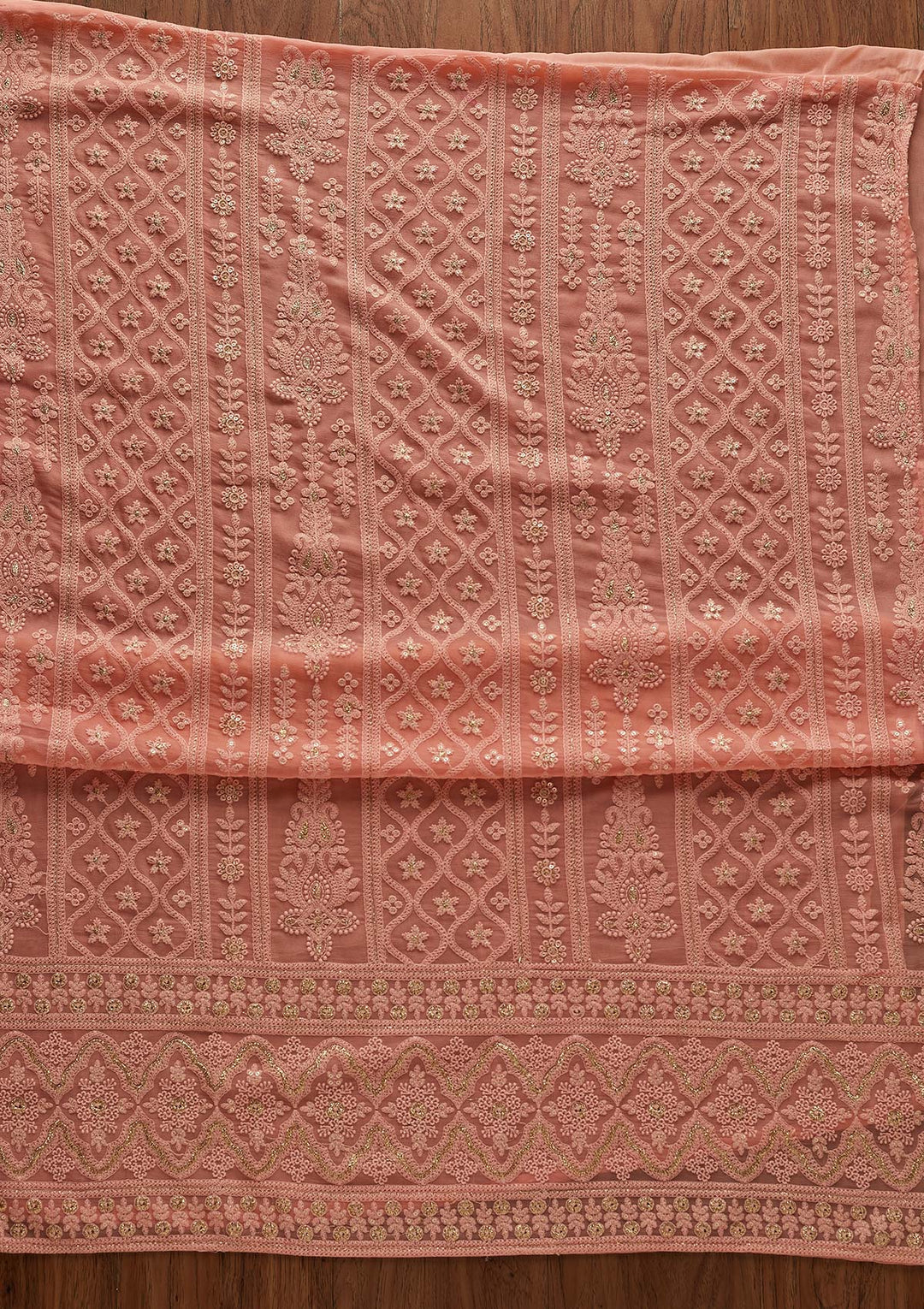 Peach Threadwork Georgette Designer Unstitched Salwar Suit - Koskii
