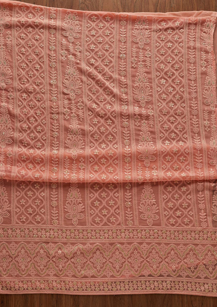 Peach Threadwork Georgette Designer Unstitched Salwar Suit - Koskii