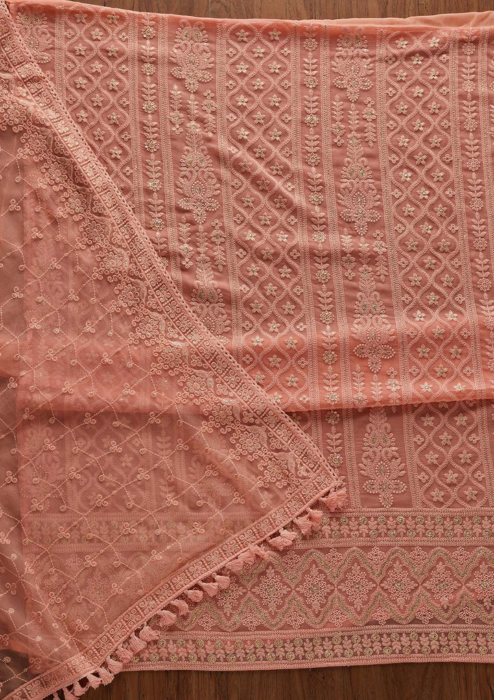Peach Threadwork Georgette Designer Unstitched Salwar Suit - Koskii