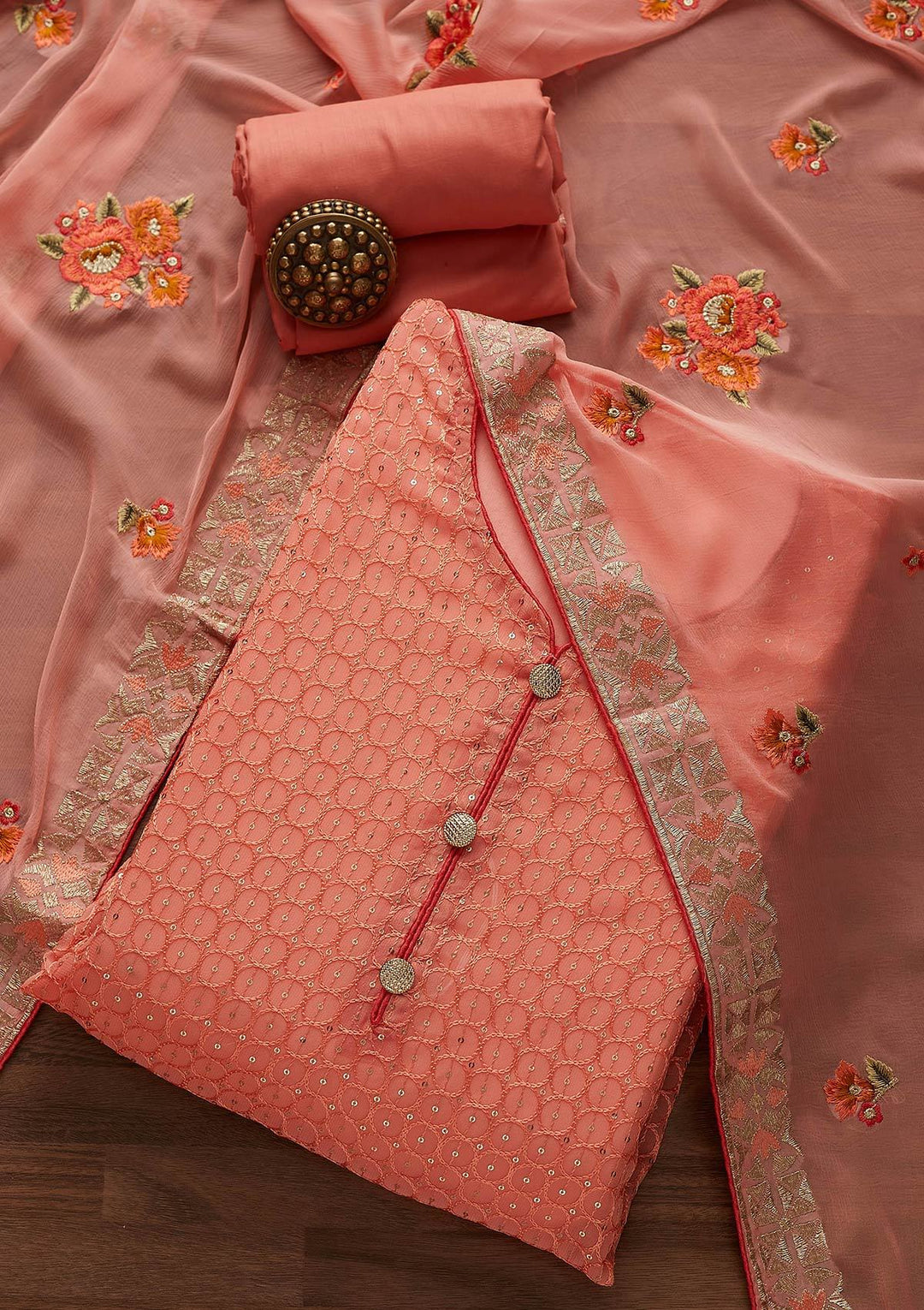 Peach Threadwork Georgette Designer Unstitched Salwar Suit - Koskii