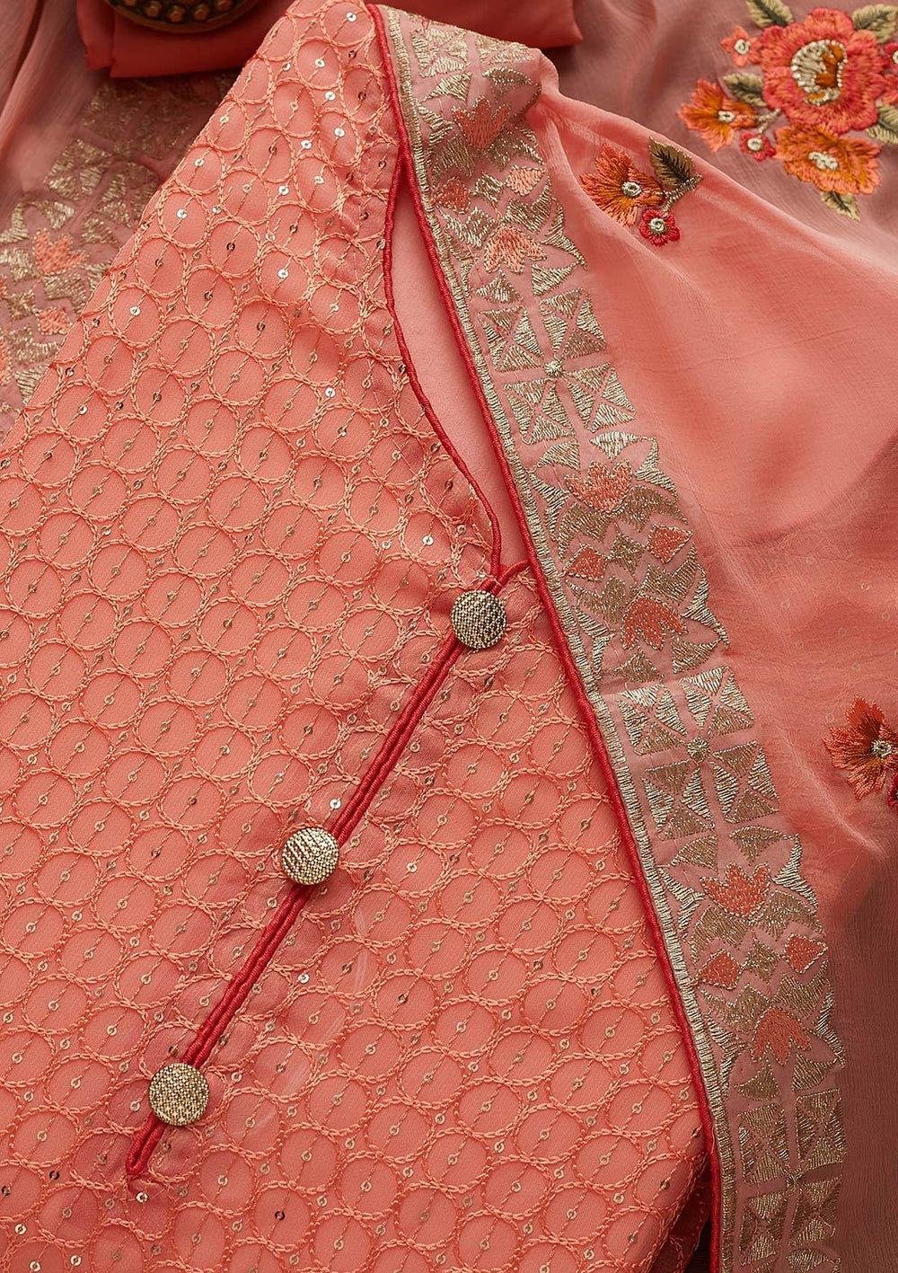 Peach Threadwork Georgette Designer Unstitched Salwar Suit - Koskii