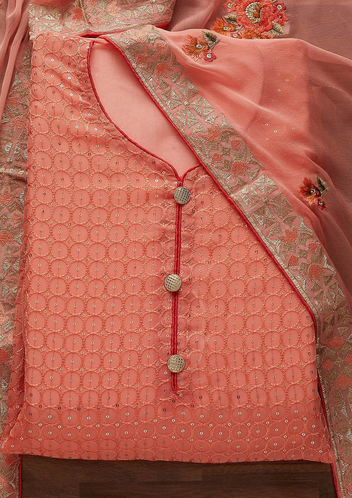 Peach Threadwork Georgette Designer Unstitched Salwar Suit - Koskii