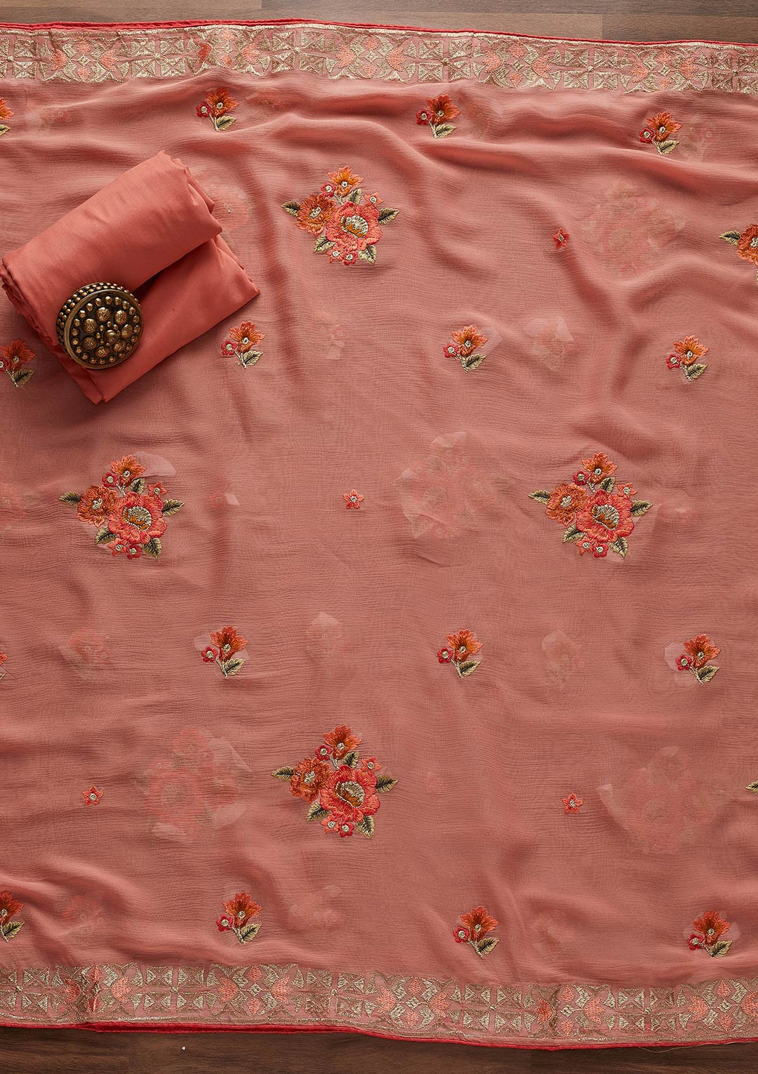 Peach Threadwork Georgette Designer Unstitched Salwar Suit - Koskii