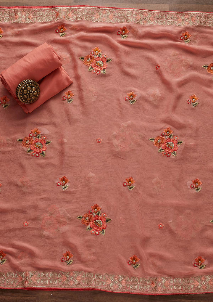 Peach Threadwork Georgette Designer Unstitched Salwar Suit - Koskii