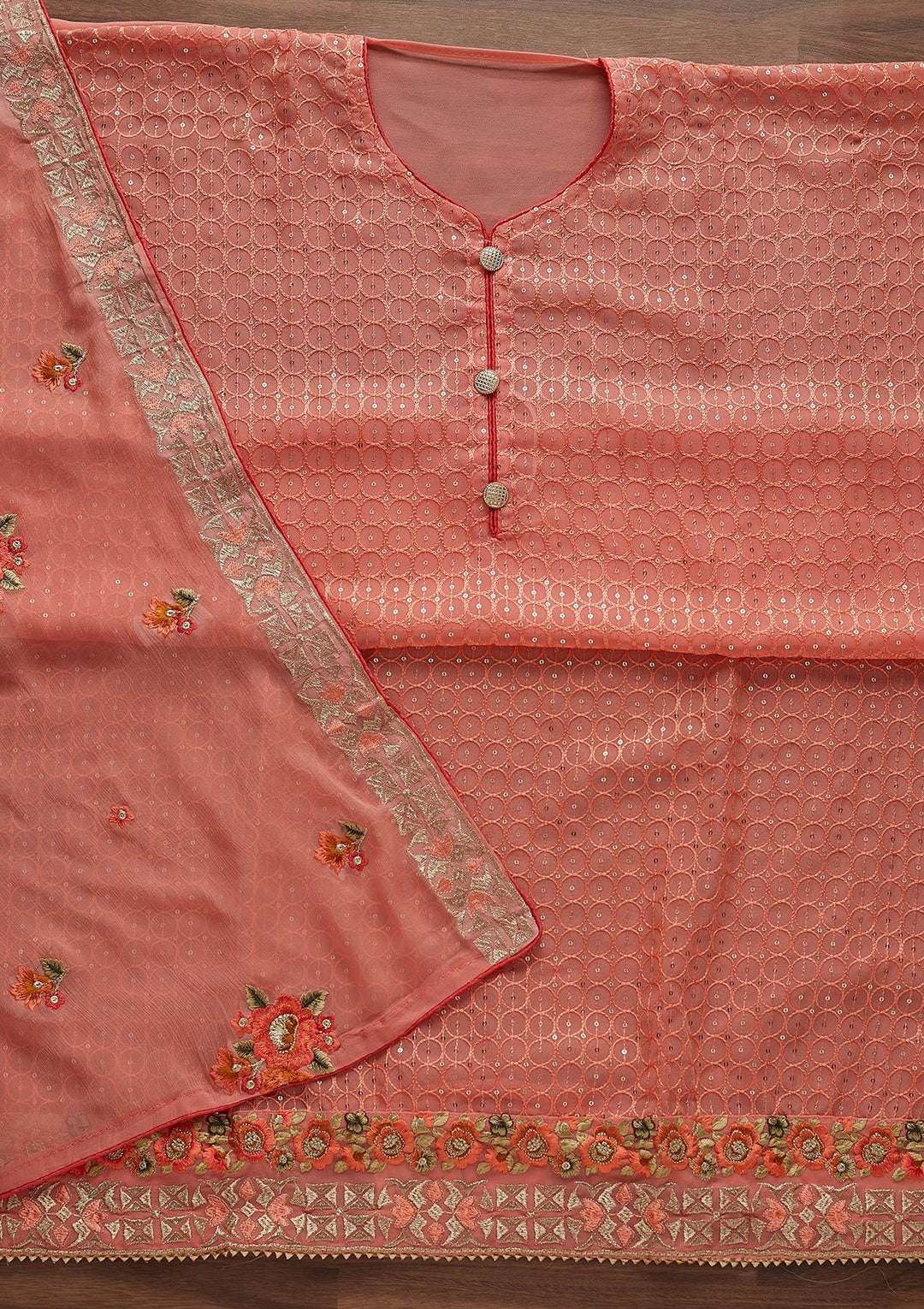 Peach Threadwork Georgette Designer Unstitched Salwar Suit - Koskii