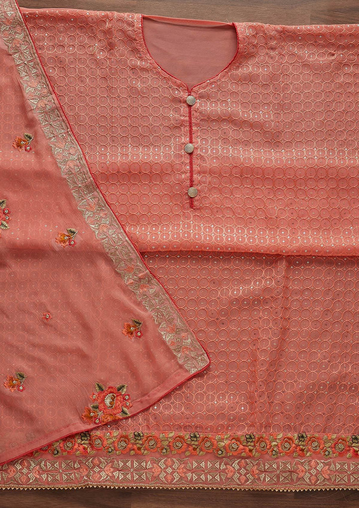 Peach Threadwork Georgette Designer Unstitched Salwar Suit - Koskii
