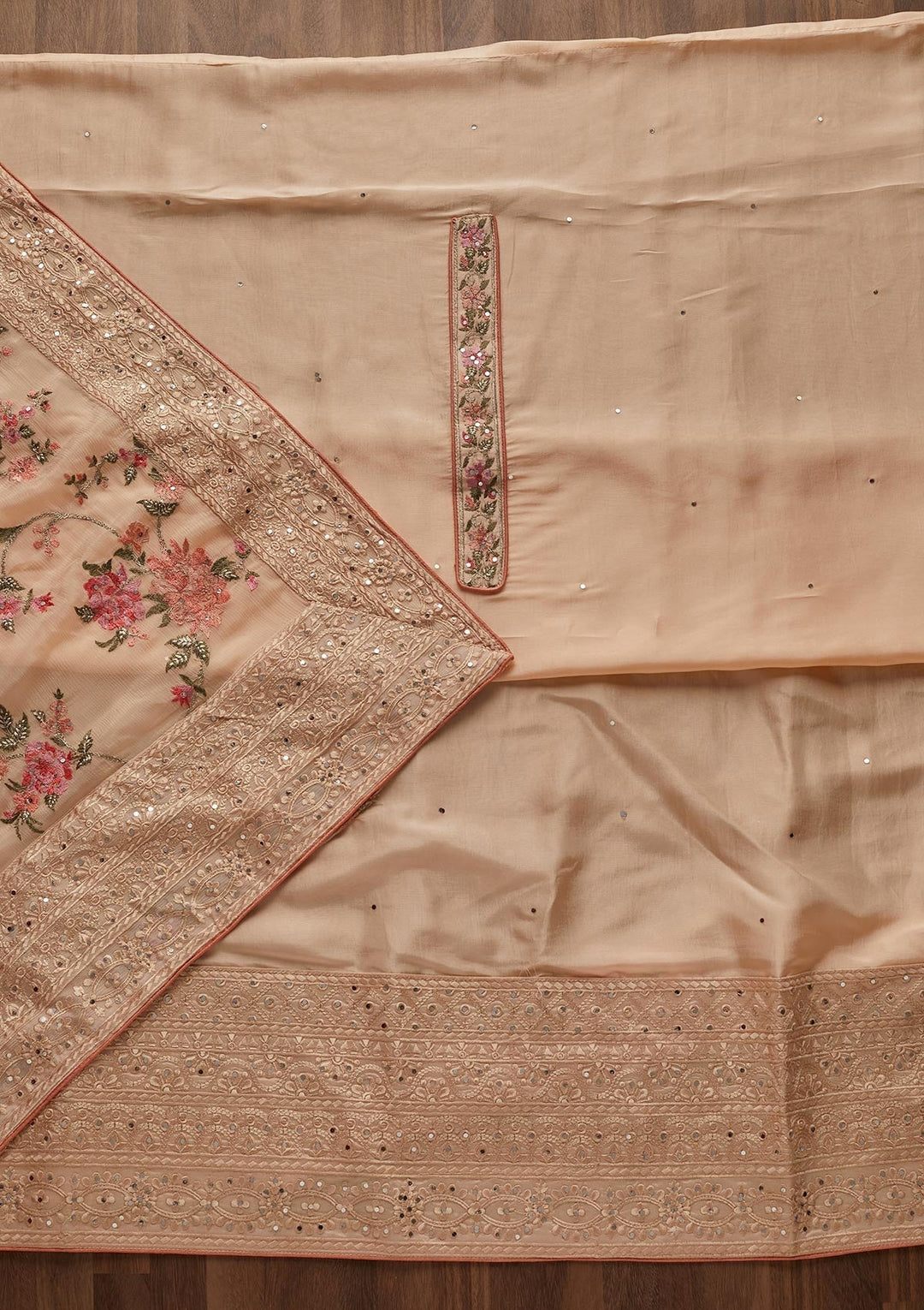 Peach Threadwork Georgette Designer Unstitched Salwar Suit - Koskii