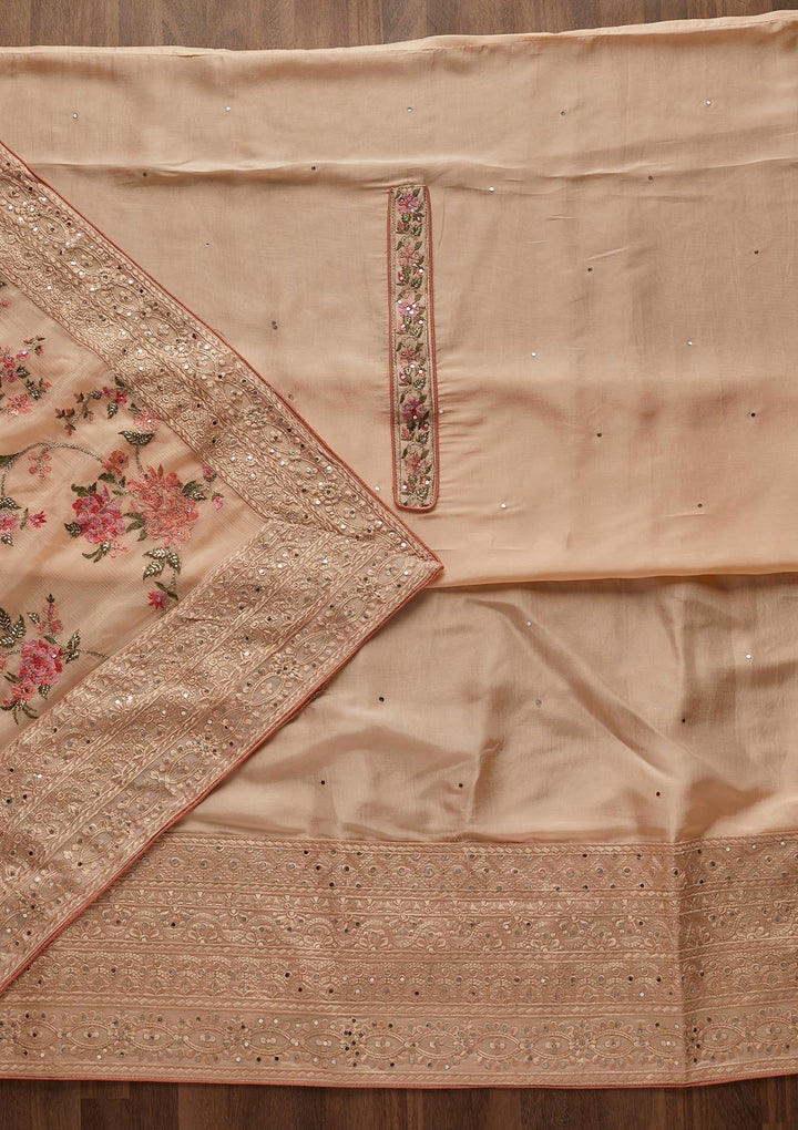 Peach Threadwork Georgette Designer Unstitched Salwar Suit - Koskii