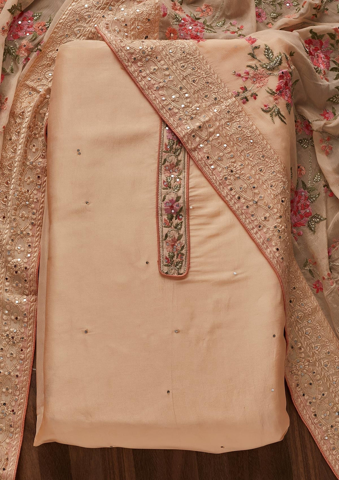 Peach Threadwork Georgette Designer Unstitched Salwar Suit - Koskii