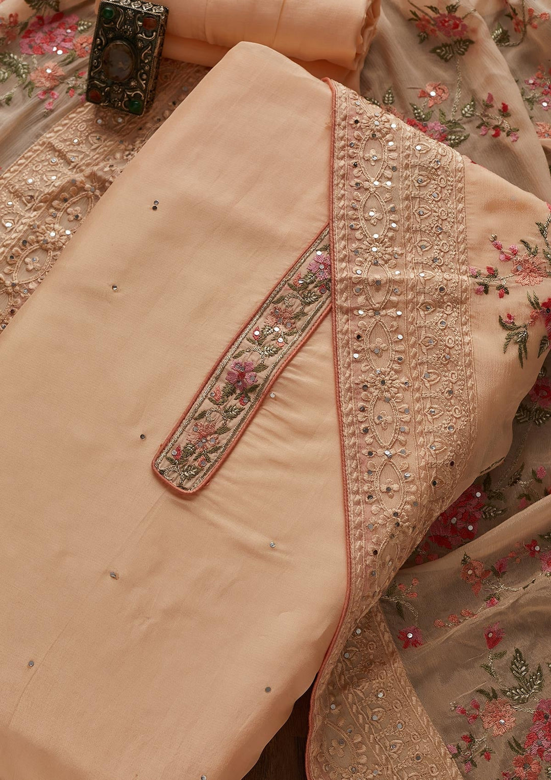 Peach Threadwork Georgette Designer Unstitched Salwar Suit - Koskii