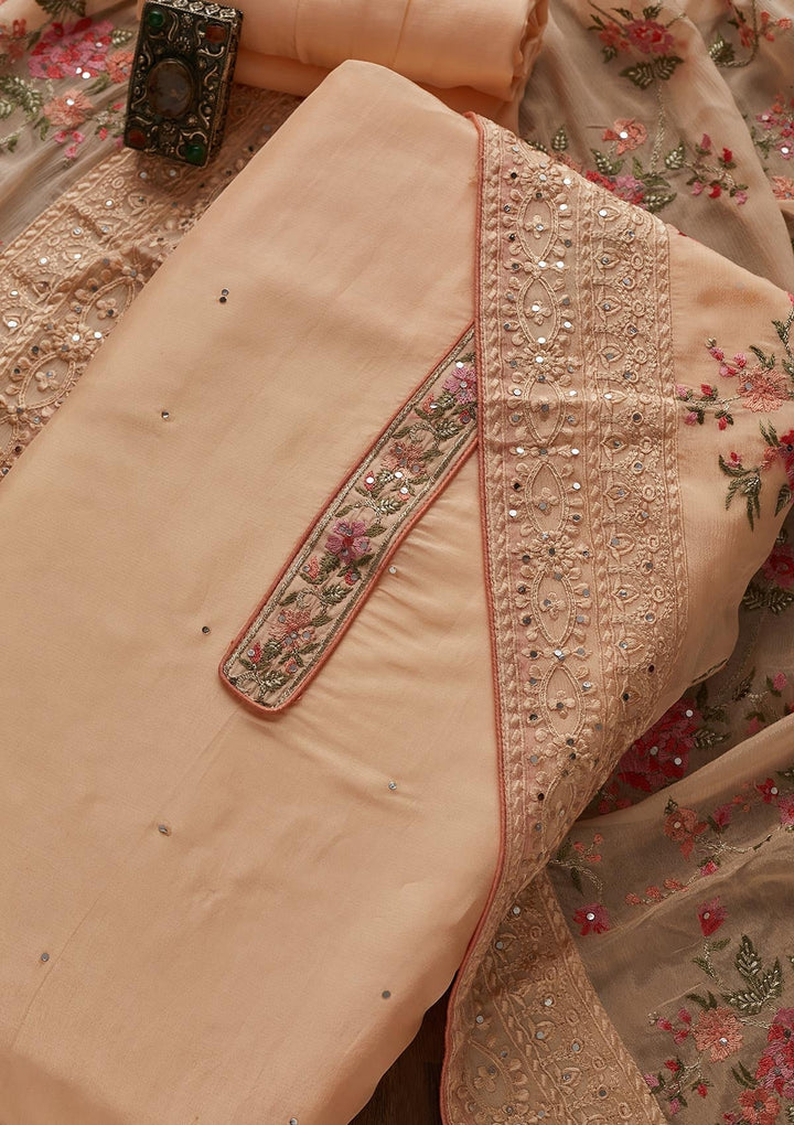 Peach Threadwork Georgette Designer Unstitched Salwar Suit - Koskii