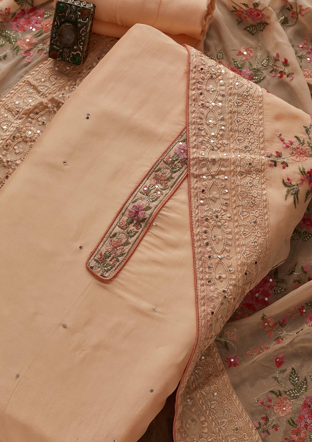 Peach Threadwork Georgette Designer Unstitched Salwar Suit - Koskii