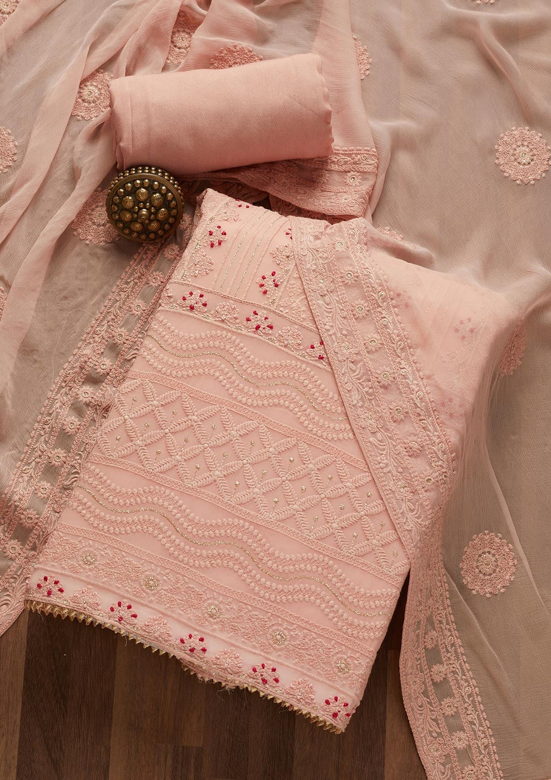 Peach Threadwork Georgette Unstitched Salwar Suit- Koskii