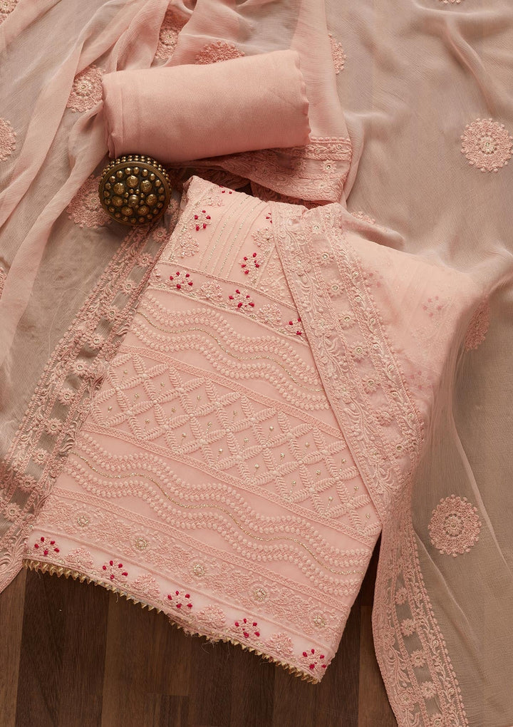 Peach Threadwork Georgette Unstitched Salwar Suit- Koskii