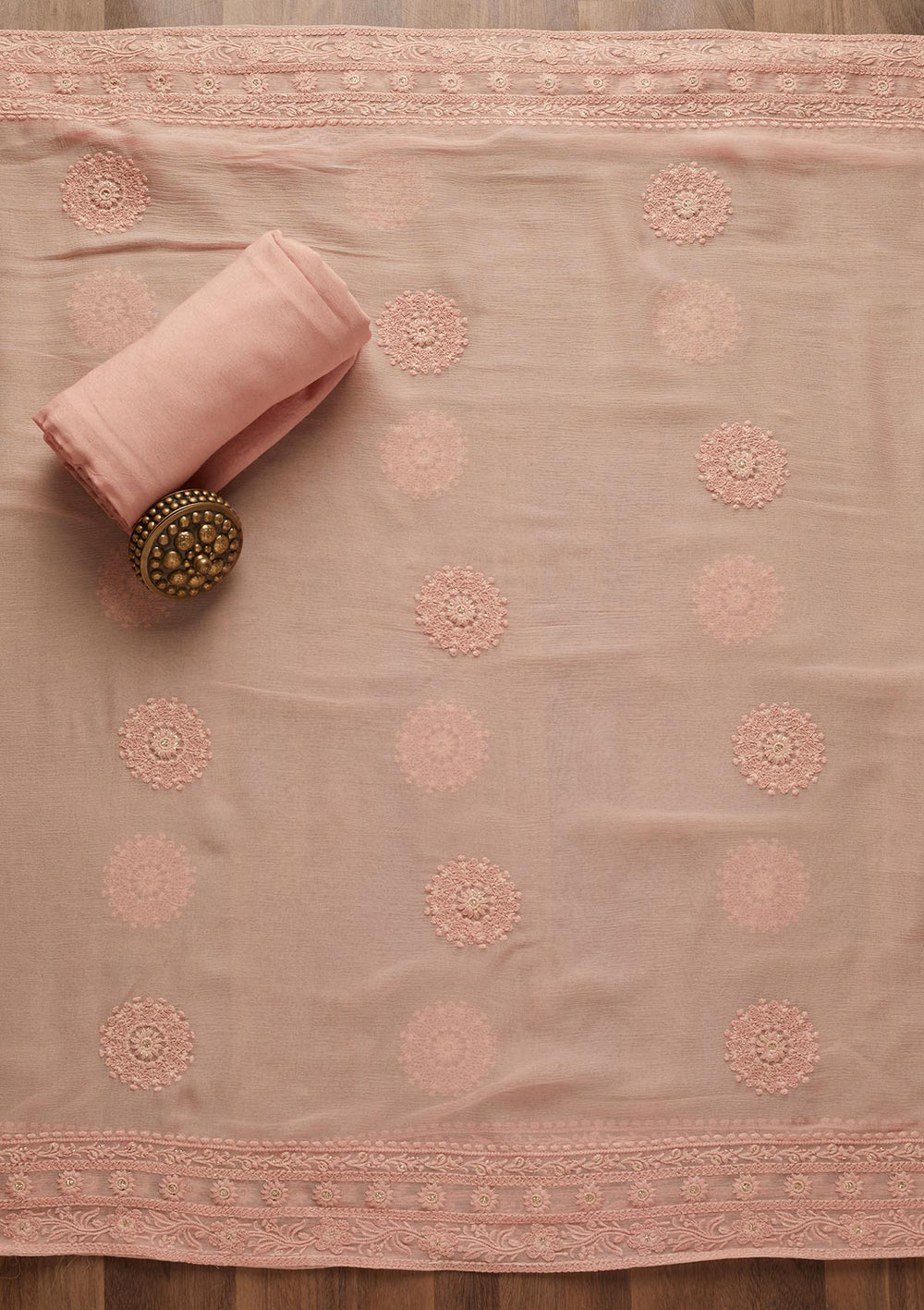 Peach Threadwork Georgette Unstitched Salwar Suit - Koskii