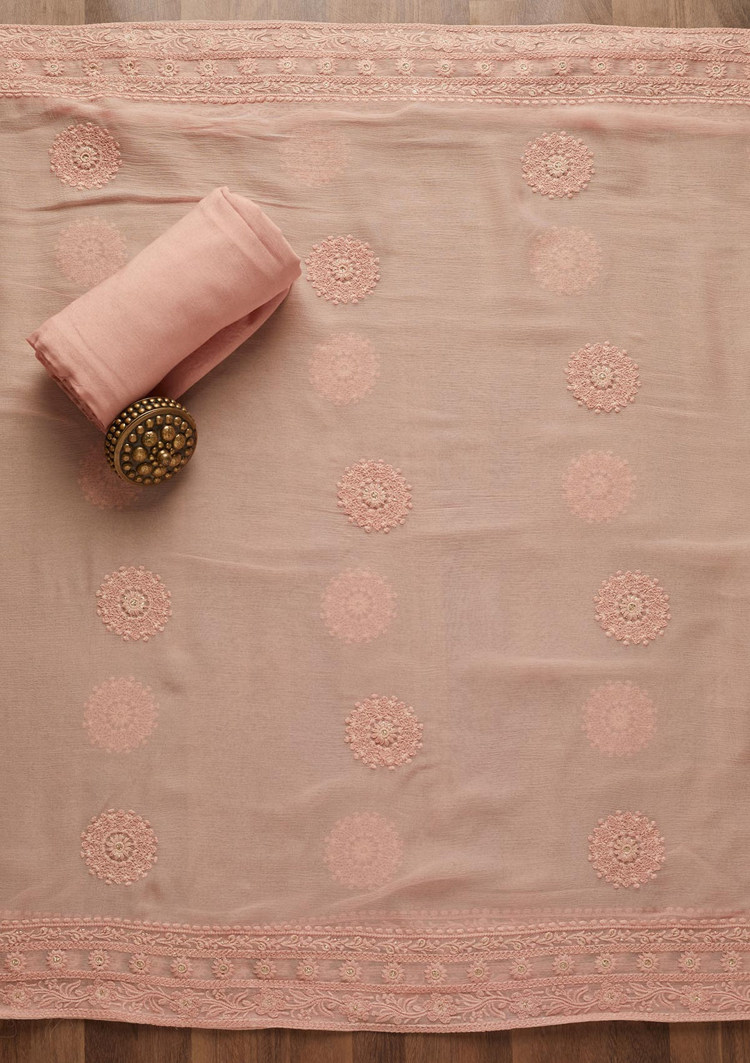 Peach Threadwork Georgette Unstitched Salwar Suit - Koskii