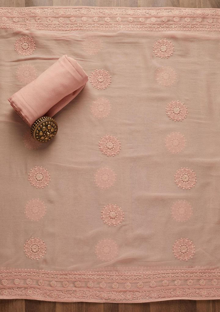 Peach Threadwork Georgette Unstitched Salwar Suit - Koskii
