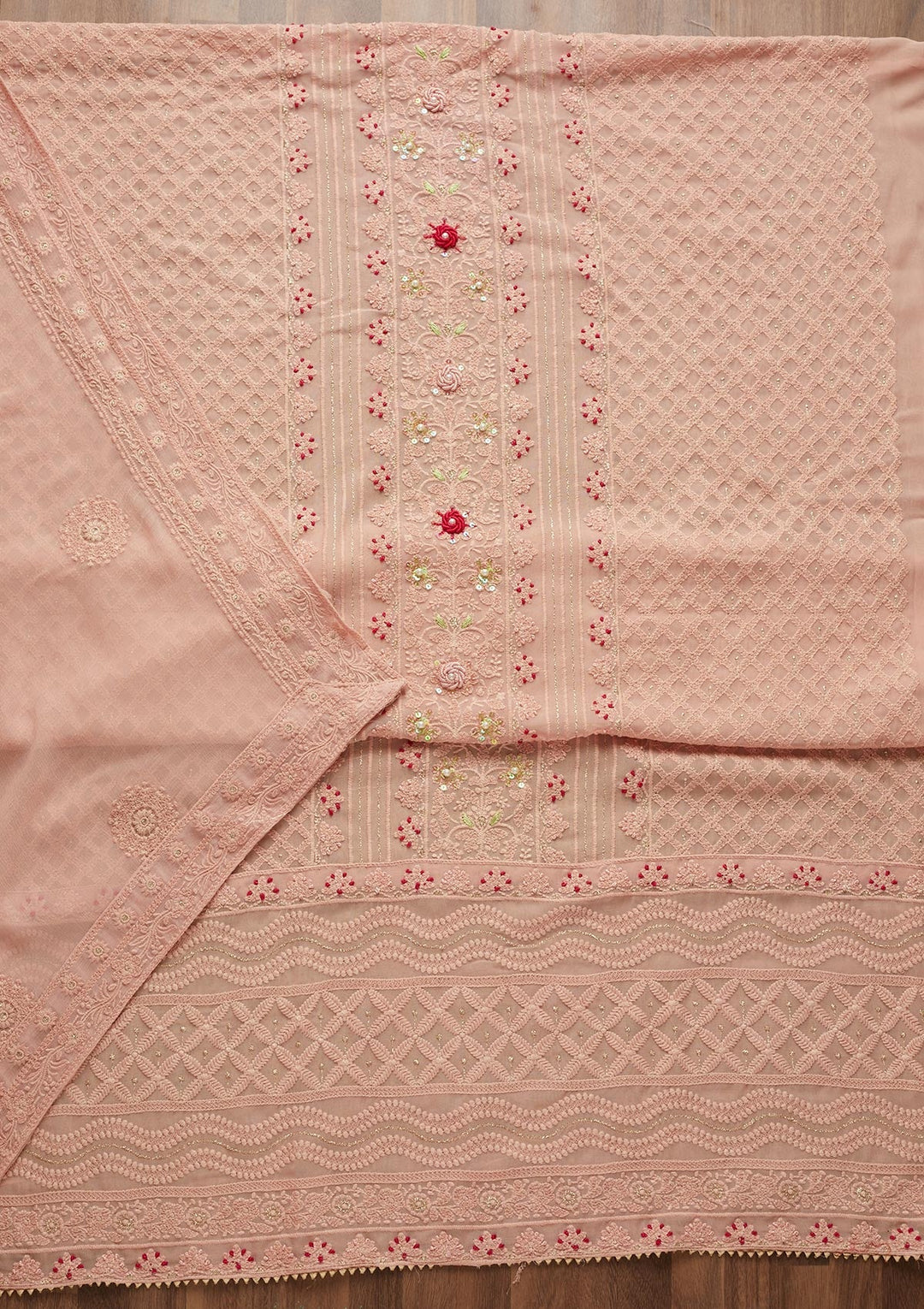 Peach Threadwork Georgette Unstitched Salwar Suit - Koskii