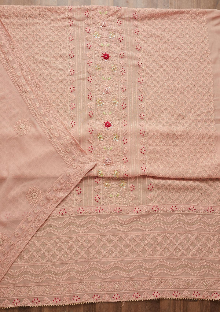 Peach Threadwork Georgette Unstitched Salwar Suit - Koskii