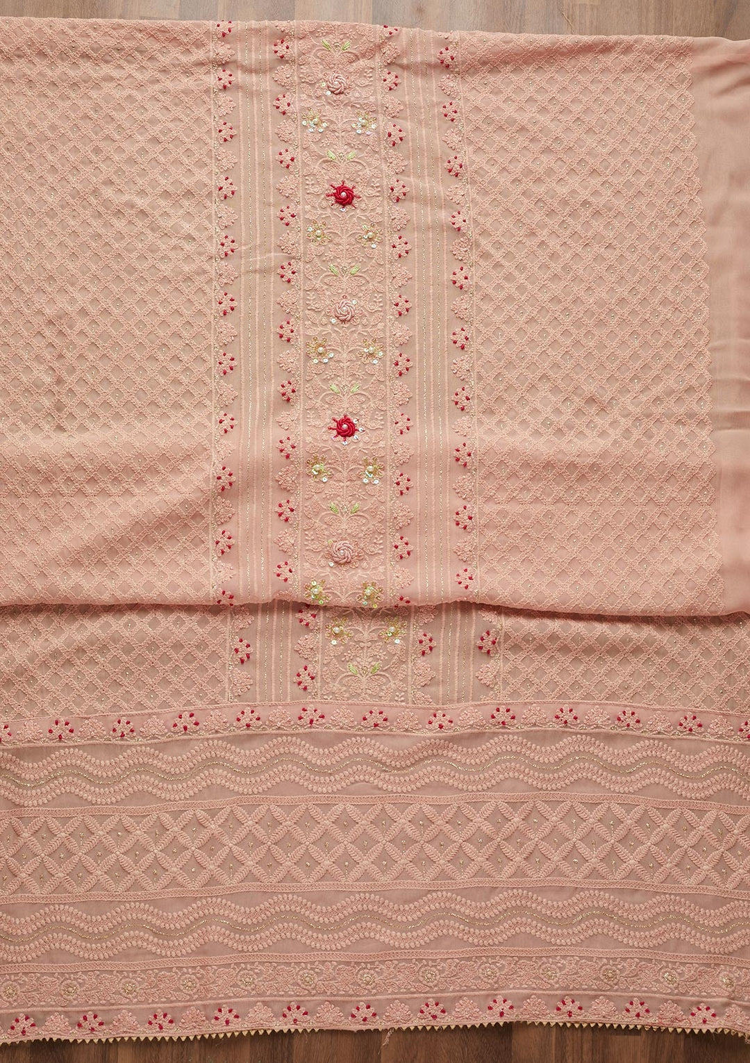 Peach Threadwork Georgette Unstitched Salwar Suit - Koskii