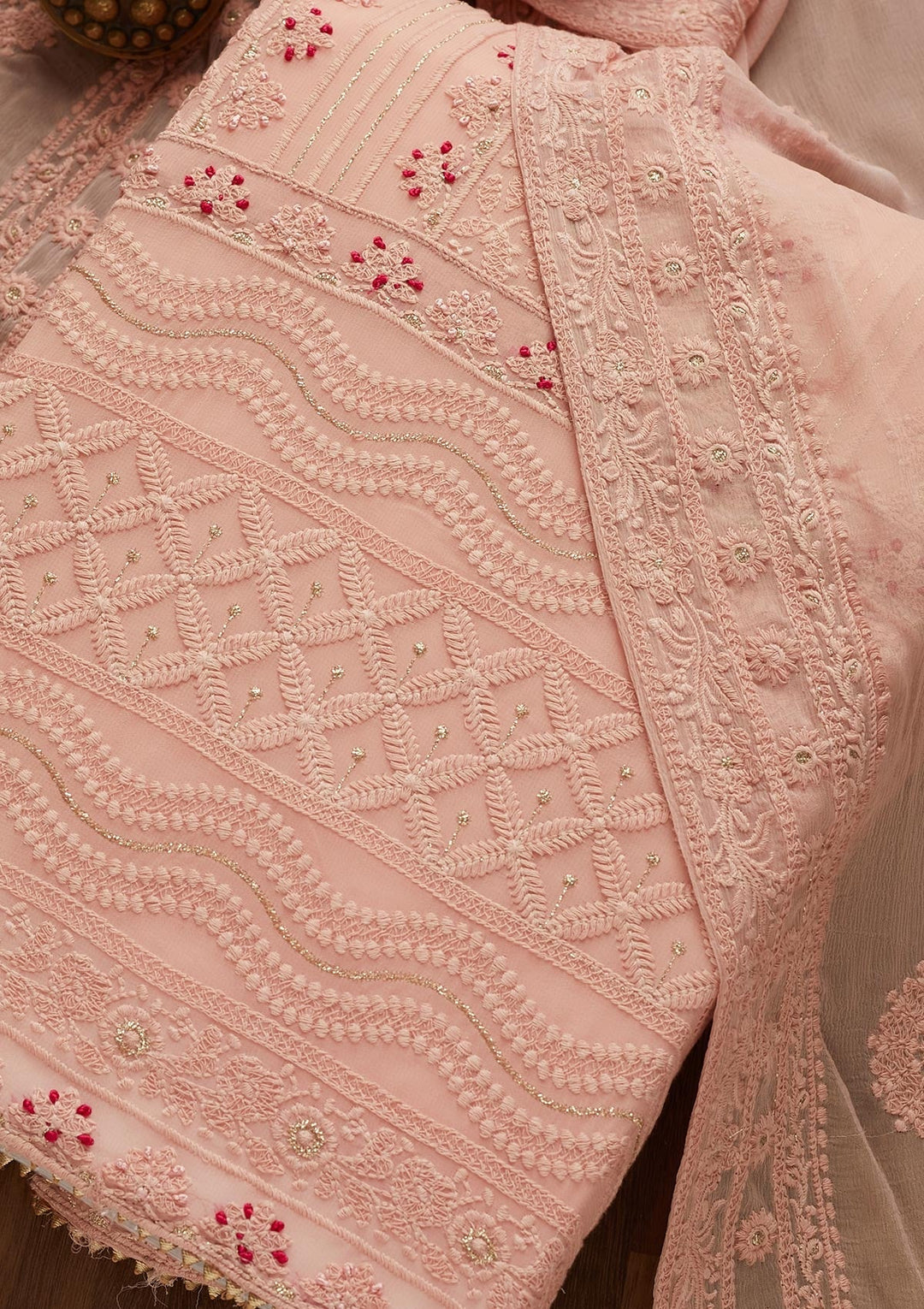 Peach Threadwork Georgette Unstitched Salwar Suit - Koskii