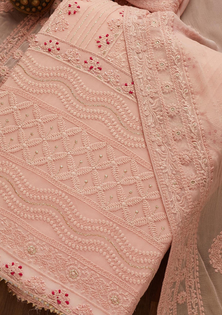Peach Threadwork Georgette Unstitched Salwar Suit - Koskii