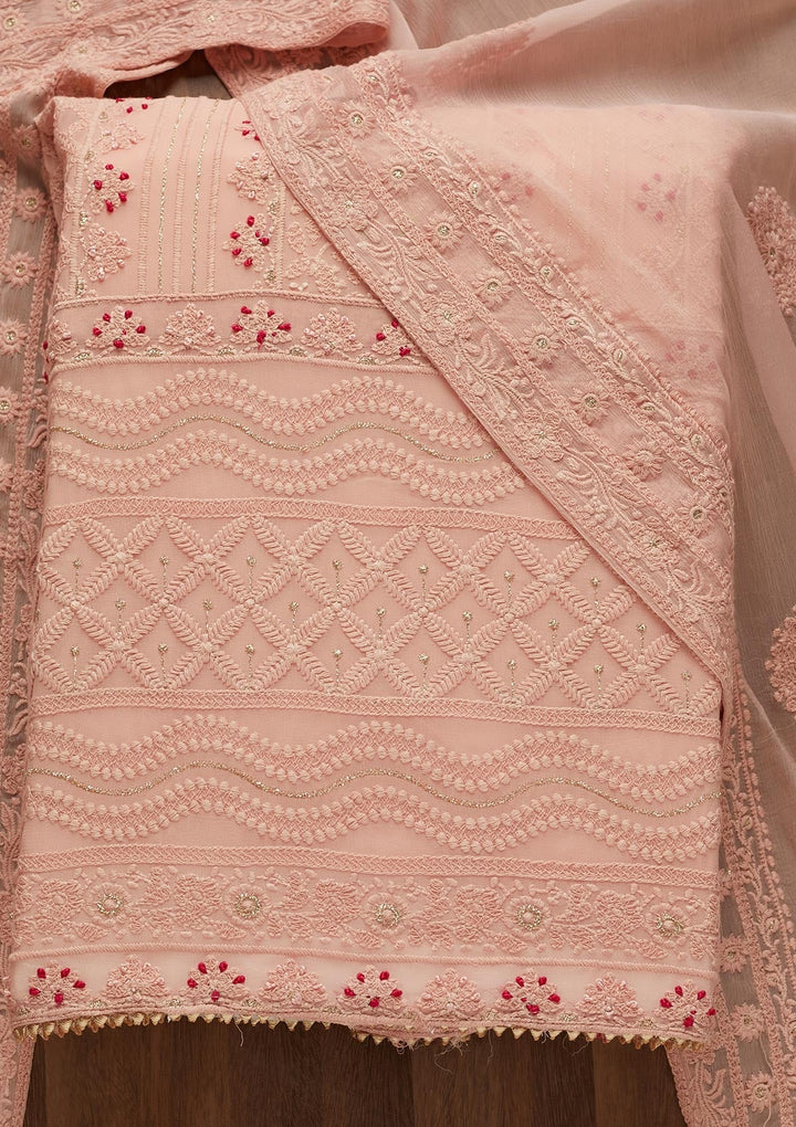 Peach Threadwork Georgette Unstitched Salwar Suit - Koskii