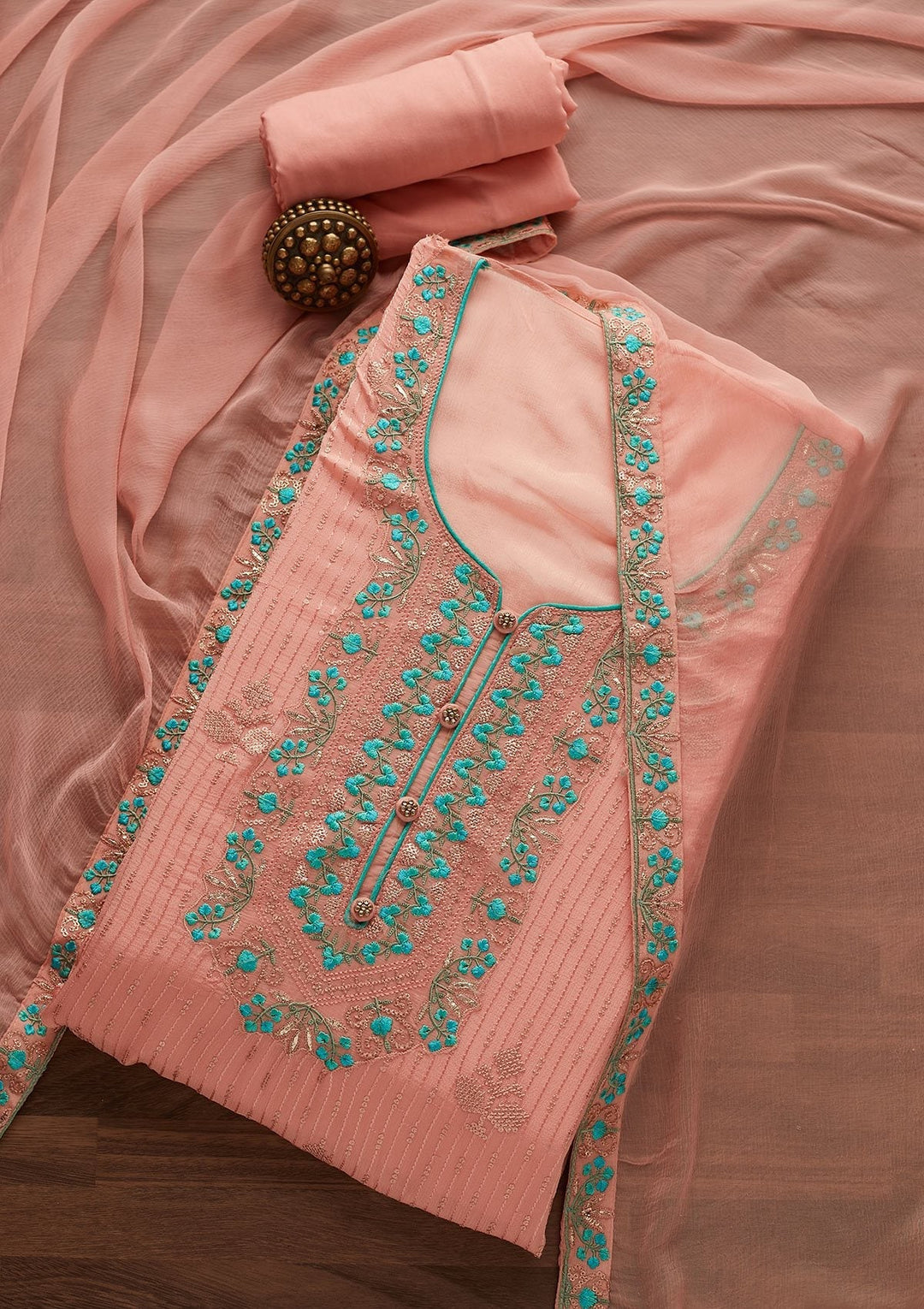 Peach Threadwork Georgette Designer Unstitched Salwar Suit - Koskii