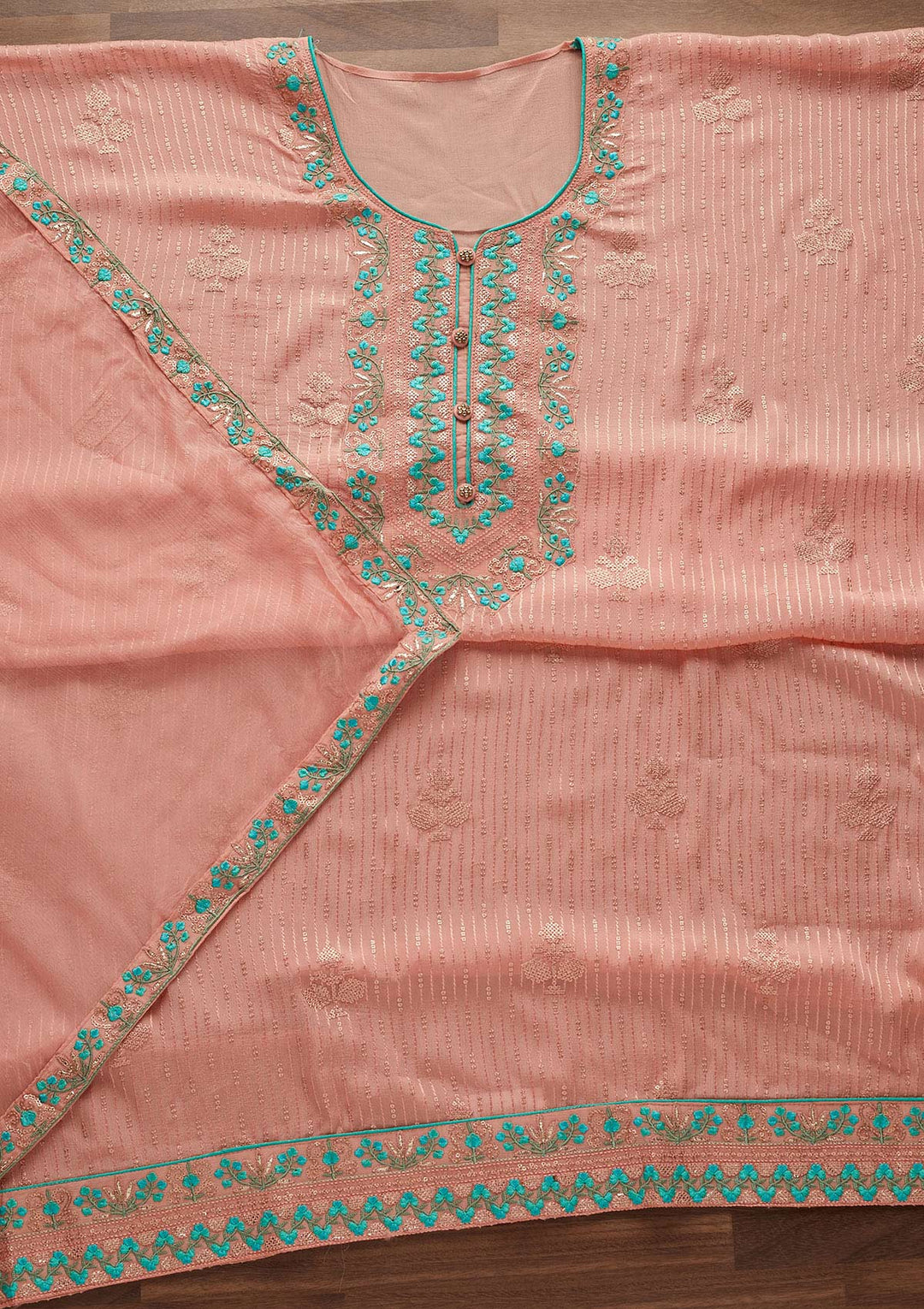 Peach Threadwork Georgette Designer Unstitched Salwar Suit - Koskii