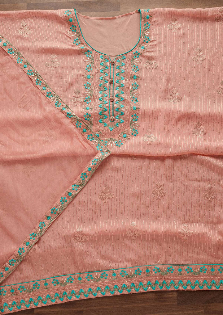 Peach Threadwork Georgette Designer Unstitched Salwar Suit - Koskii