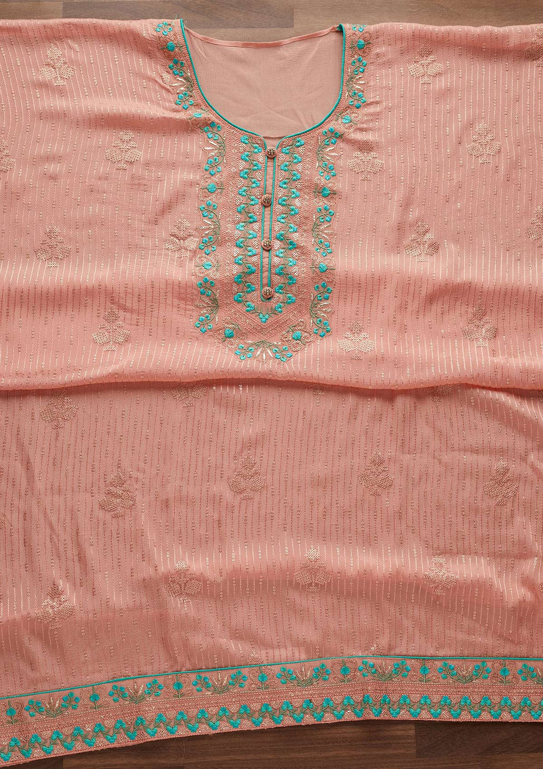 Peach Threadwork Georgette Designer Unstitched Salwar Suit - Koskii