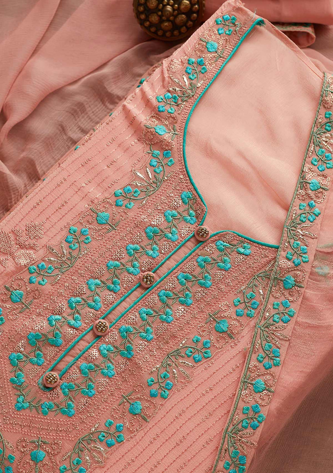 Peach Threadwork Georgette Designer Unstitched Salwar Suit - Koskii