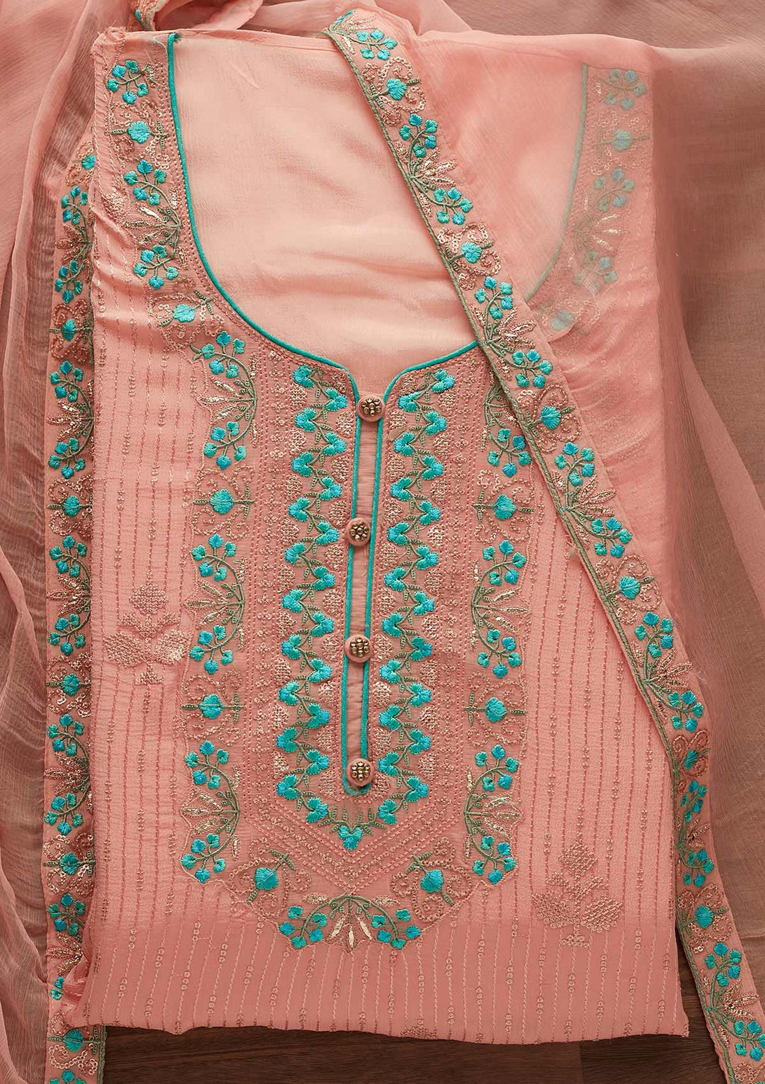 Peach Threadwork Georgette Designer Unstitched Salwar Suit - Koskii