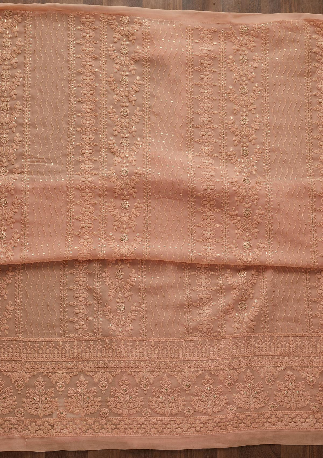 Peach Threadwork Georgette Designer Unstitched Salwar Suit - Koskii