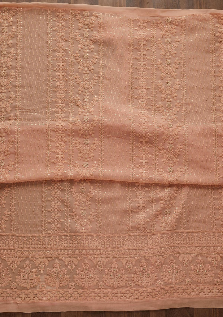 Peach Threadwork Georgette Designer Unstitched Salwar Suit - Koskii