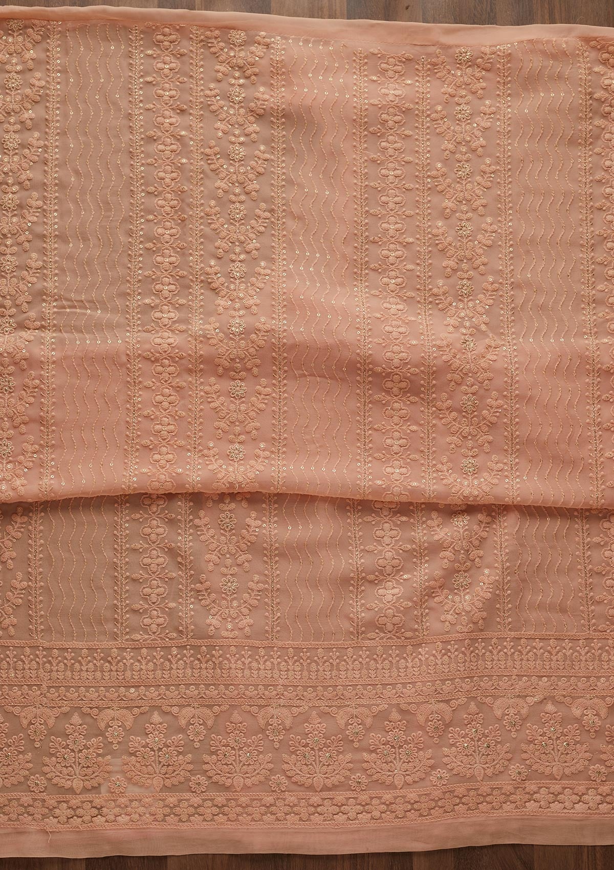 Peach Threadwork Georgette Designer Unstitched Salwar Suit - Koskii