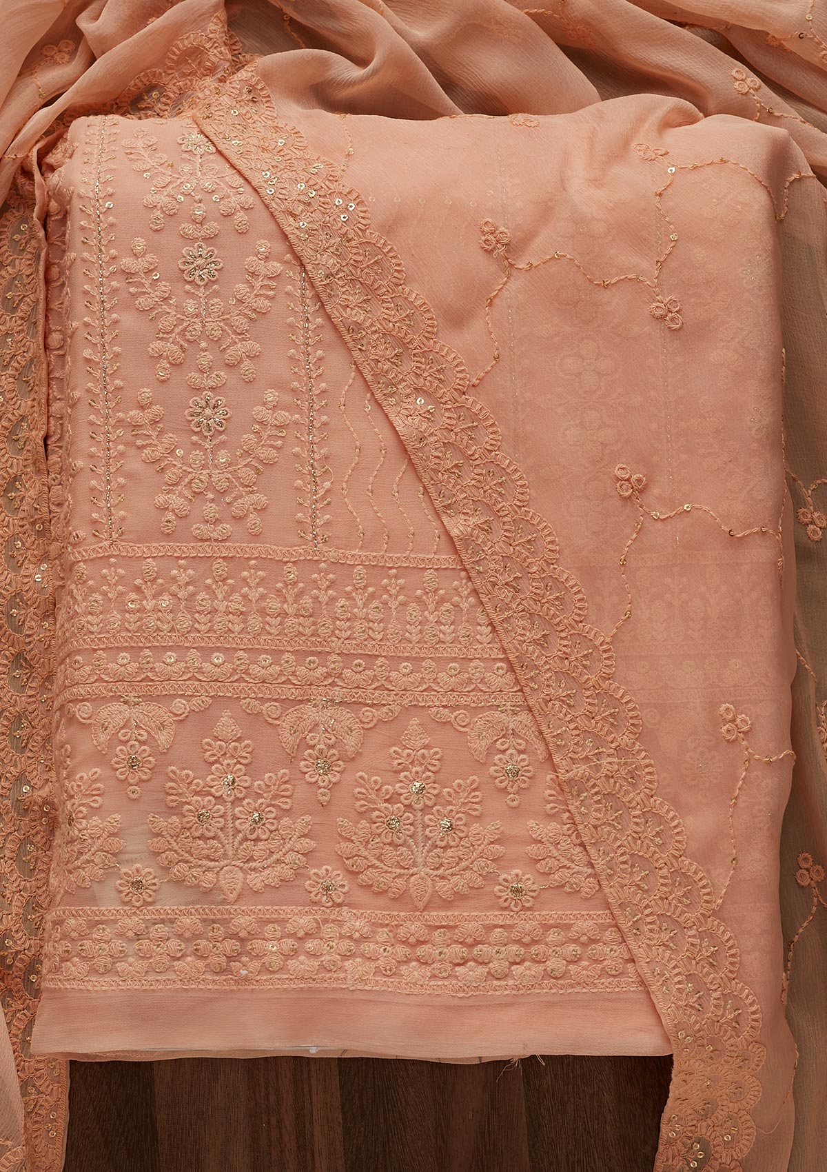 Peach Threadwork Georgette Designer Unstitched Salwar Suit - Koskii