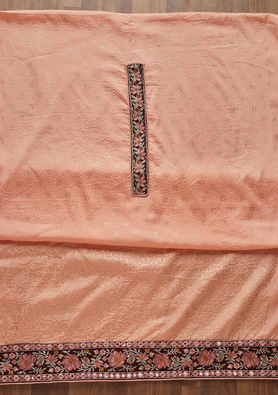 Peach Threadwork Georgette Unstitched Salwar Suit - Koskii