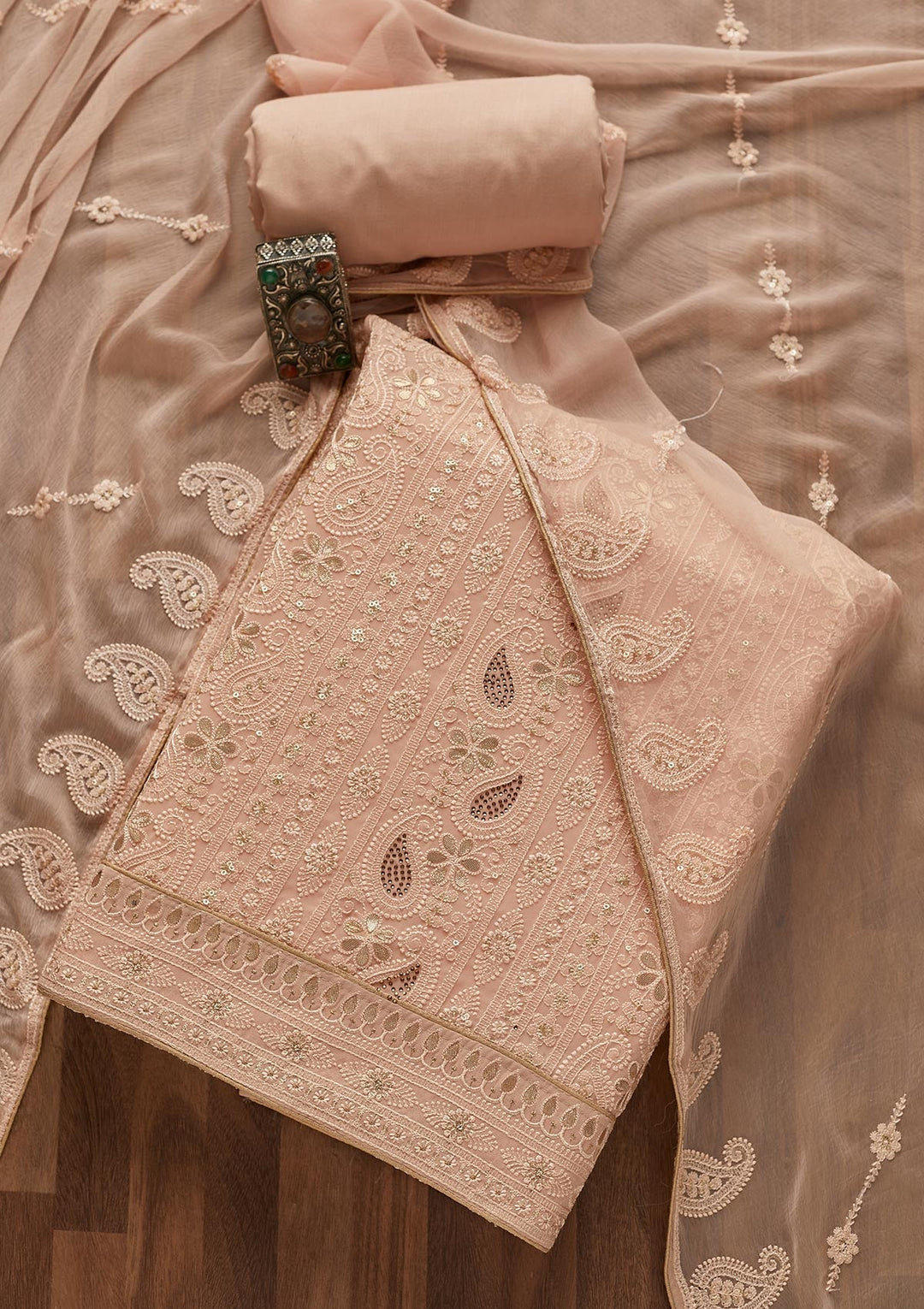 Peach Threadwork Georgette  Unstitched Salwar Suit- Koskii