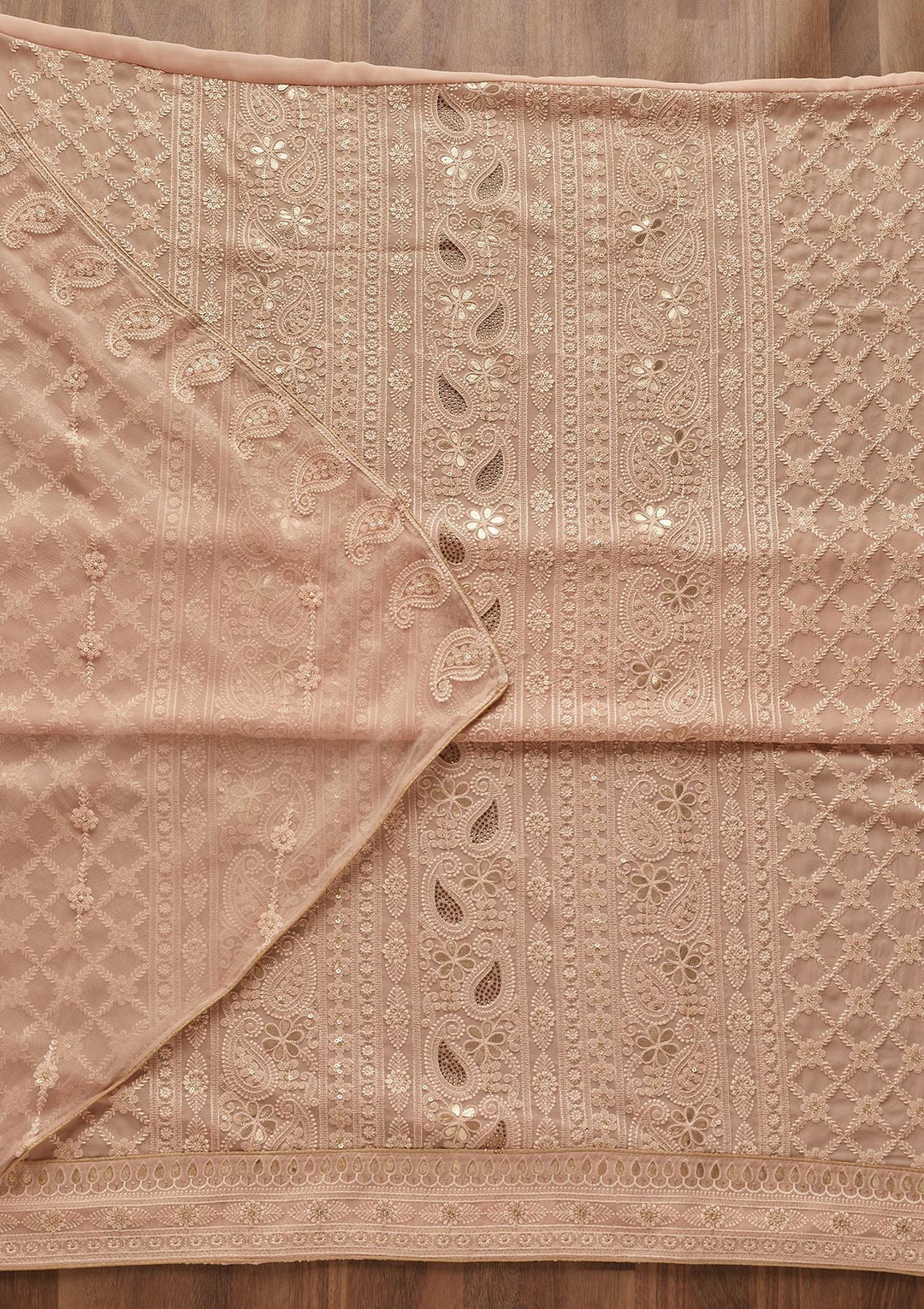 Peach Threadwork Georgette  Unstitched Salwar Suit - Koskii