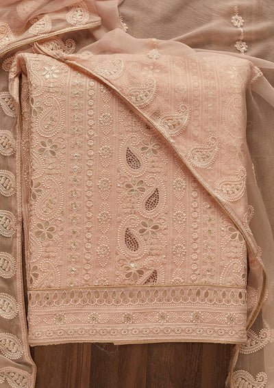 Peach Threadwork Georgette  Unstitched Salwar Suit - Koskii